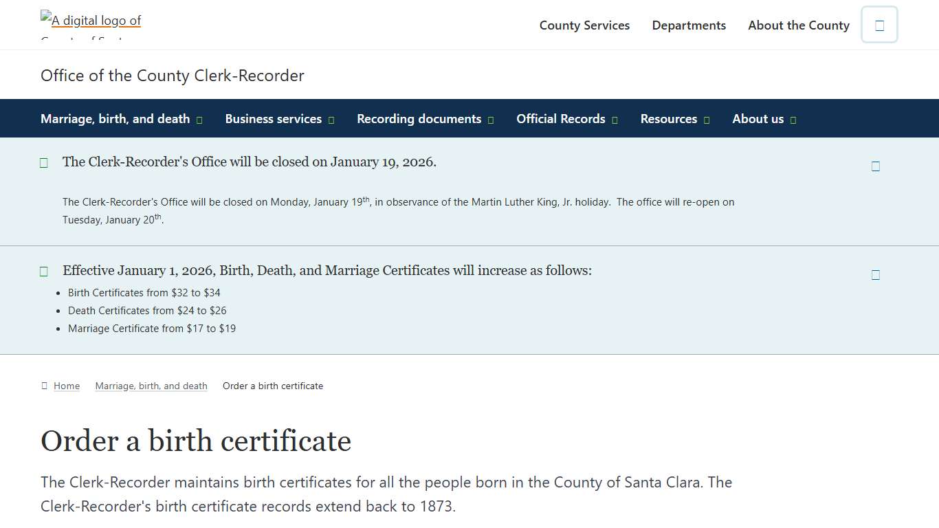 Order a birth certificate | Office of the County Clerk-Recorder | County of Santa Clara